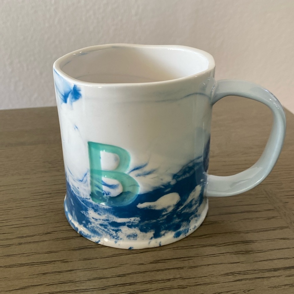 Anthropologie Marbled Monogram Letter B White Blue Coffee Tea Mug Cup